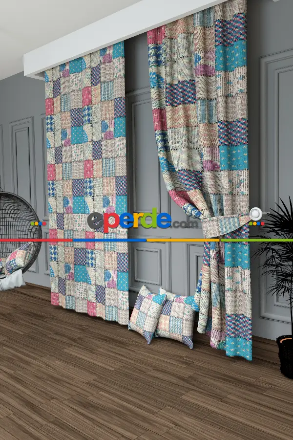 Dökümlü Kumaştan Turkuaz Pembe Patchwork Desenli Baskılı Fon Perde Geniş En 1. Kalite