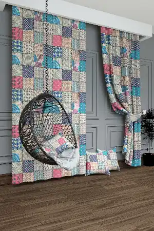 Dökümlü Kumaştan Turkuaz Pembe Patchwork Desenli Baskılı Fon Perde Geniş En 1. Kalite