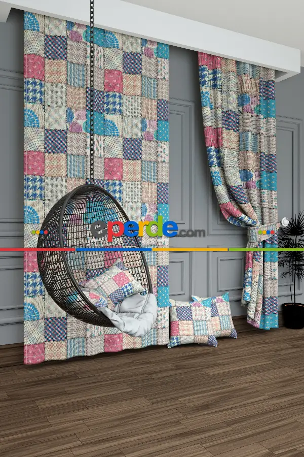 Dökümlü Kumaştan Turkuaz Pembe Patchwork Desenli Baskılı Fon Perde Geniş En 1. Kalite