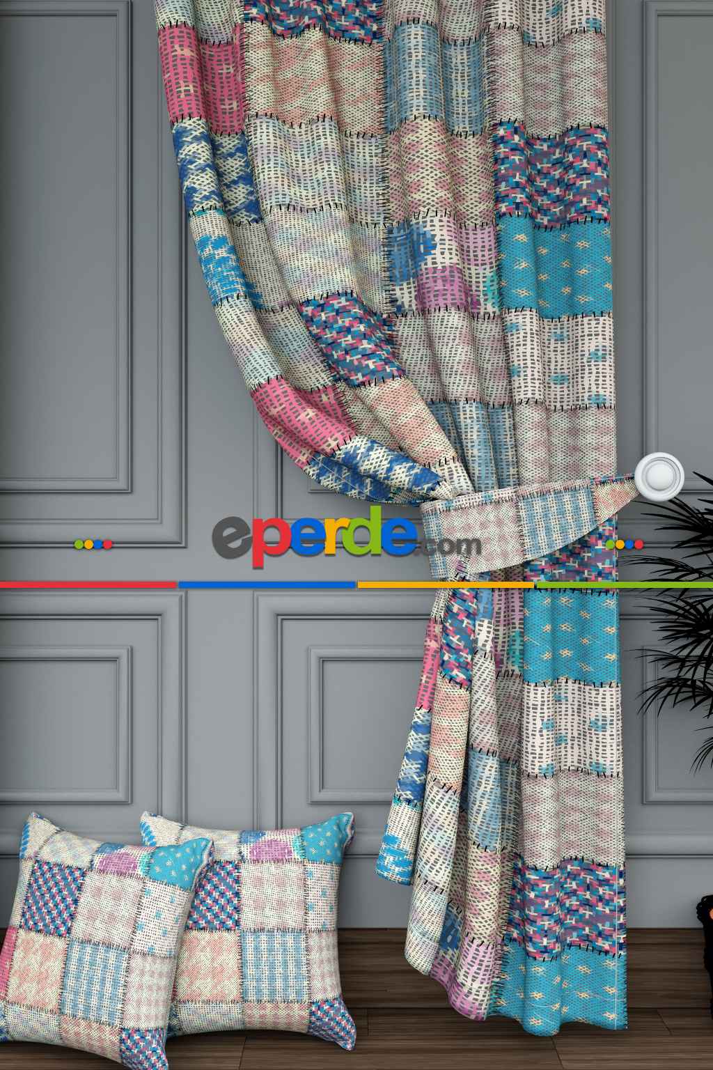 Dökümlü Kumaştan Turkuaz Pembe Patchwork Desenli Baskılı Fon Perde Geniş En 1. Kalite