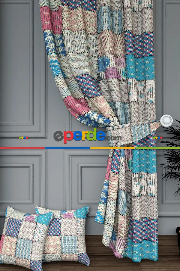 Dökümlü Kumaştan Turkuaz Pembe Patchwork Desenli Baskılı Fon Perde Geniş En 1. Kalite