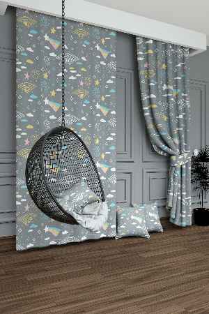 Dökümlü Kumaştan Gri Yıldız ve Yağmur Desenli Baskılı Fon Perde Geniş En 1. Kalite