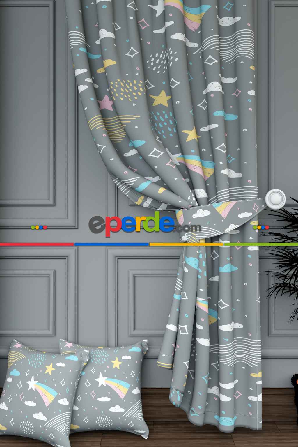 Dökümlü Kumaştan Gri Yıldız ve Yağmur Desenli Baskılı Fon Perde Geniş En 1. Kalite