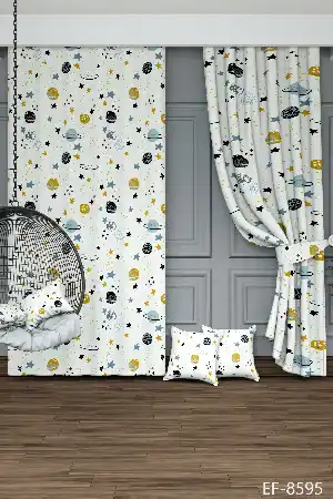 Sarı Mavi Gezegen Ve Yıldız Desenli Baskılı Fon Perde Geniş En 1. Kalite