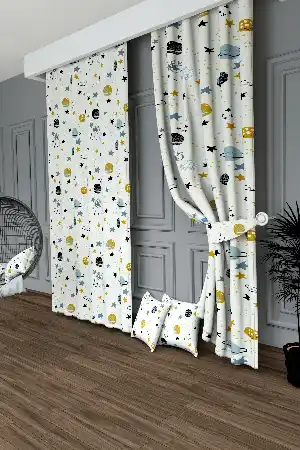 Sarı Mavi Gezegen Ve Yıldız Desenli Baskılı Fon Perde Geniş En 1. Kalite