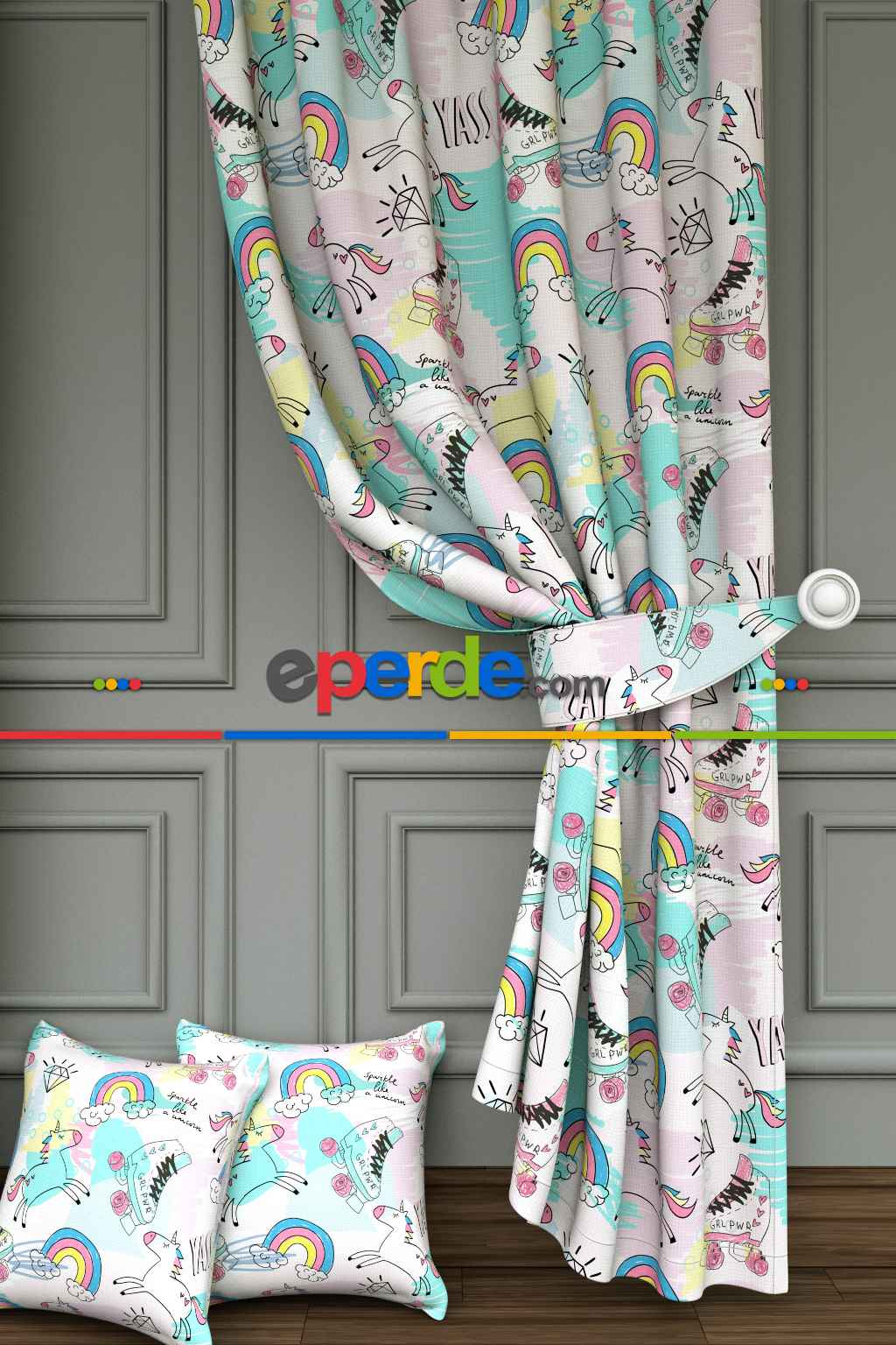 Dökümlü Kumaştan Pudra Mint Unicorn Desenli Baskılı Fon Perde - Dökümlü Ve Yumuşak Ağır Bir Kumaştır