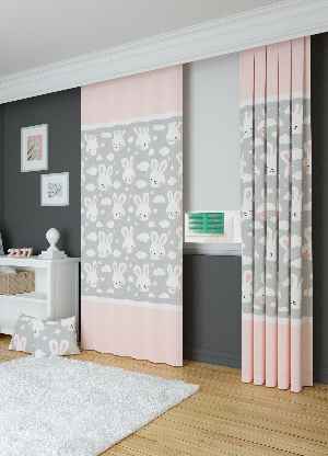 Dökümlü Kumaştan Pudra Sevimli Hayvanlar Tavşan Desenli Baskılı Fon Perde 1. Kalite