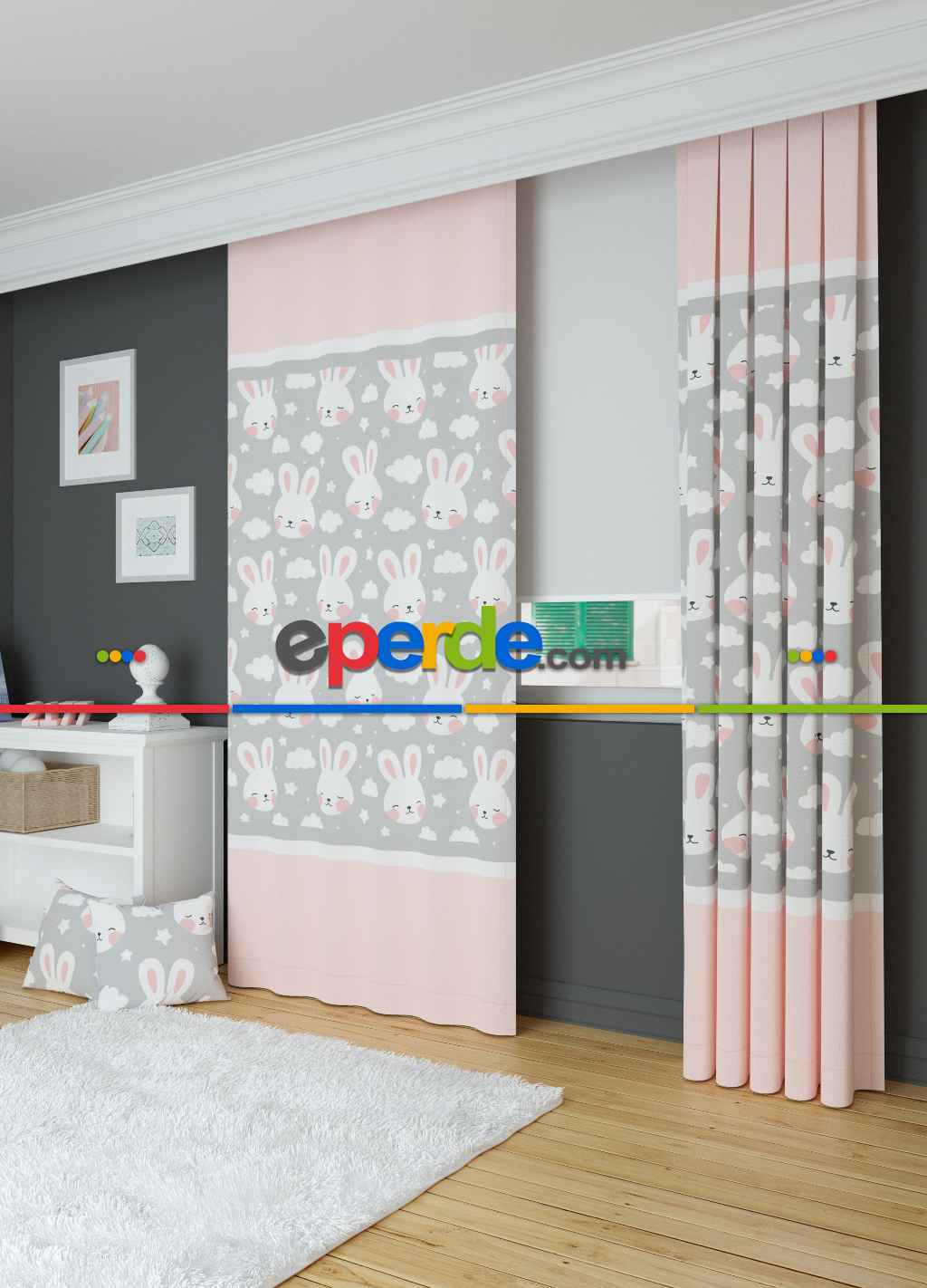 Dökümlü Kumaştan Pudra Sevimli Hayvanlar Tavşan Desenli Baskılı Fon Perde 1. Kalite