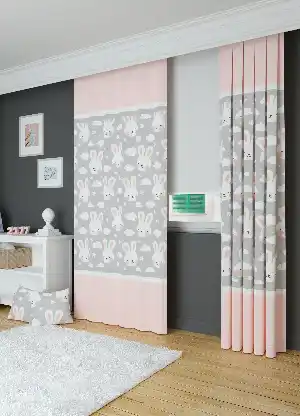 Dökümlü Kumaştan Pudra Sevimli Hayvanlar Tavşan Desenli Baskılı Fon Perde 1. Kalite