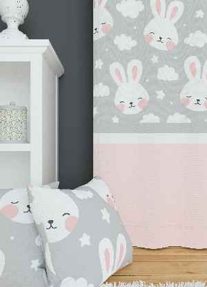 Dökümlü Kumaştan Pudra Sevimli Hayvanlar Tavşan Desenli Baskılı Fon Perde 1. Kalite