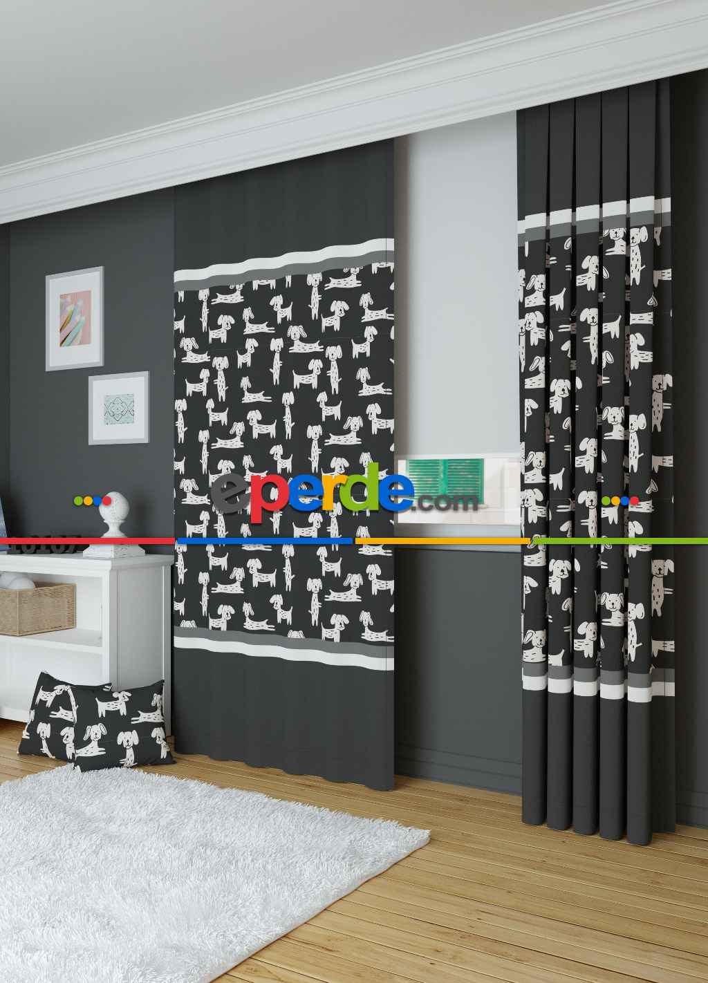 Dökümlü Kumaştan Koyu Antrasit Sevimli Hayvanlar Köpek Desenli Baskılı Fon Perde 1. Kalite