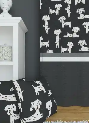 Dökümlü Kumaştan Koyu Antrasit Sevimli Hayvanlar Köpek Desenli Baskılı Fon Perde 1. Kalite