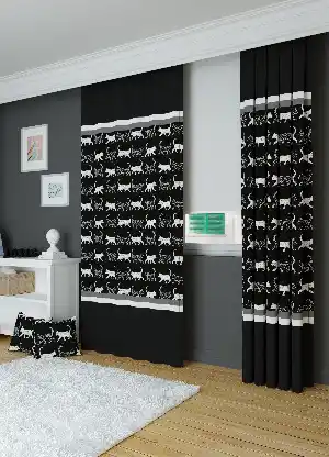 Dökümlü Kumaştan Siyah Kedi İllustrator Çizim Desenli Baskılı Fon Perde 1. Kalite