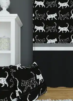 Dökümlü Kumaştan Siyah Kedi İllustrator Çizim Desenli Baskılı Fon Perde 1. Kalite