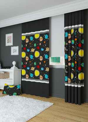 Dökümlü Kumaştan Koyu Füme Gezegen Desenli Baskılı Fon Perde 1. Kalite