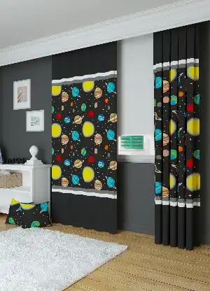 Dökümlü Kumaştan Koyu Füme Gezegen Desenli Baskılı Fon Perde 1. Kalite