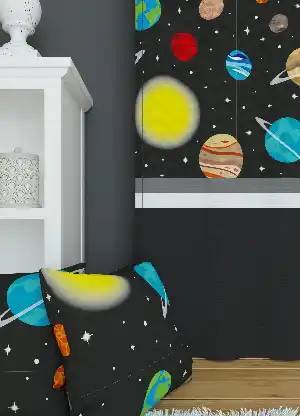 Dökümlü Kumaştan Koyu Füme Gezegen Desenli Baskılı Fon Perde 1. Kalite