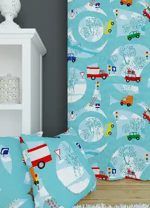 Dökümlü Kumaştan Turkuaz Araba Ve Yol Desenli Baskılı Fon Perde Geniş En 1. Kalite