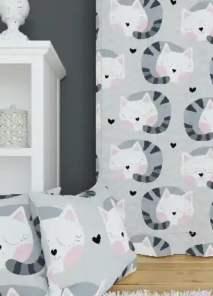 Dökümlü Kumaştan Açık Gri Sevimli Hayvanlar Kedi Desenli Baskılı Fon Perde Geniş En 1. Kalite