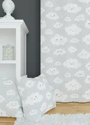 Dökümlü Kumaştan Açık Gri Bulut ve Puan Desenli Baskılı Fon Perde 1. Kalite