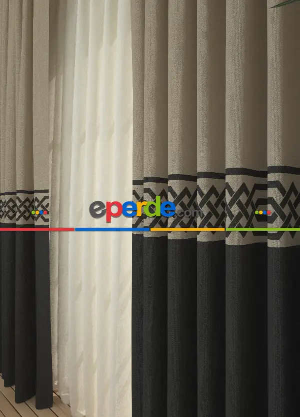 Dökümlü Kumaştan Bej Antrasit Bordürlü Pano Fon Perde Baskılı 1. Kalite - Salon - Yatak Odası - Oturma Odası