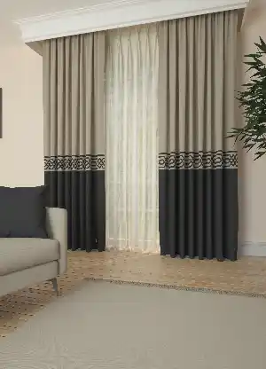 Dökümlü Kumaştan Bej Antrasit Bordürlü Pano Fon Perde Baskılı 1. Kalite - Salon - Yatak Odası - Oturma Odası