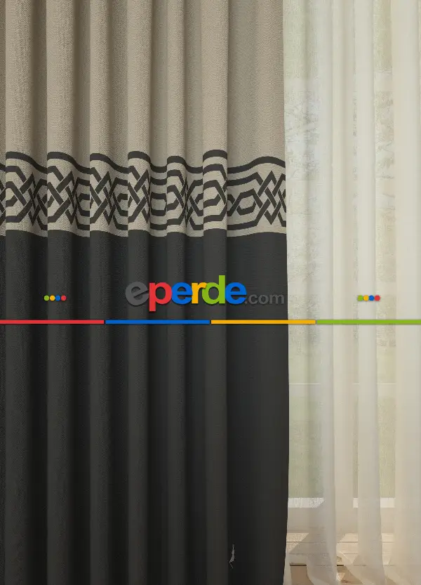 Dökümlü Kumaştan Bej Antrasit Bordürlü Pano Fon Perde Baskılı 1. Kalite - Salon - Yatak Odası - Oturma Odası