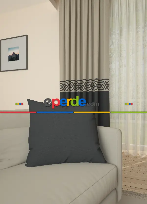 Dökümlü Kumaştan Bej Antrasit Bordürlü Pano Fon Perde Baskılı 1. Kalite - Salon - Yatak Odası - Oturma Odası