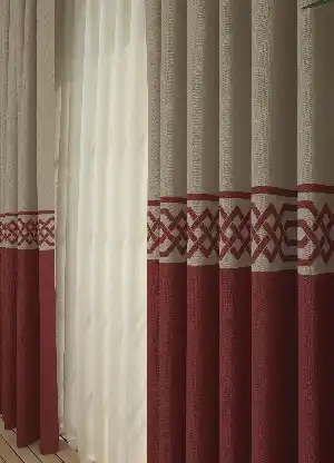 Dökümlü Kumaştan Bej Açık Bordo Bordürlü Pano Fon Perde 1. Kalite - Salon - Yatak Odası - Oturma Odası