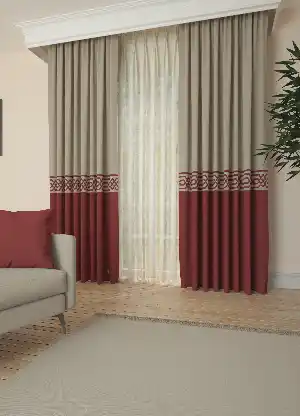 Dökümlü Kumaştan Bej Açık Bordo Bordürlü Pano Fon Perde 1. Kalite - Salon - Yatak Odası - Oturma Odası