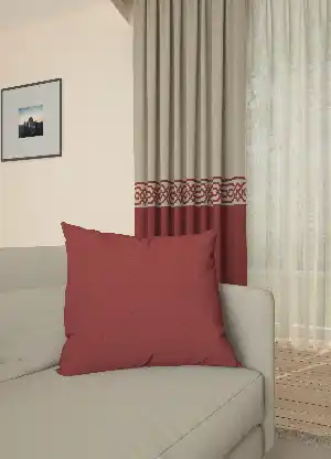 Dökümlü Kumaştan Bej Açık Bordo Bordürlü Pano Fon Perde 1. Kalite - Salon - Yatak Odası - Oturma Odası