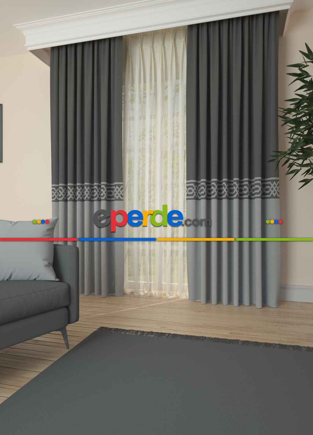 Dökümlü Kumaştan Gri Bordürlü Pano Fon Perde 1. Kalite - Salon - Yatak Odası - Oturma Odası