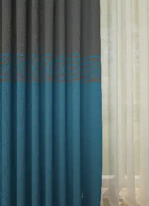 Dökümlü Kumaştan Gri Mavi Bordürlü Pano Fon Perde 1. Kalite - Salon - Yatak Odası - Oturma Odası