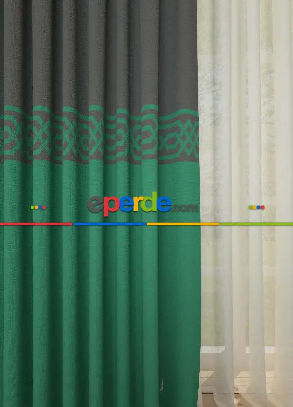 Dökümlü Kumaştan Gri Yeşil Bordürlü Pano Fon Perde 1. Kalite - Salon - Yatak Odası - Oturma Odası