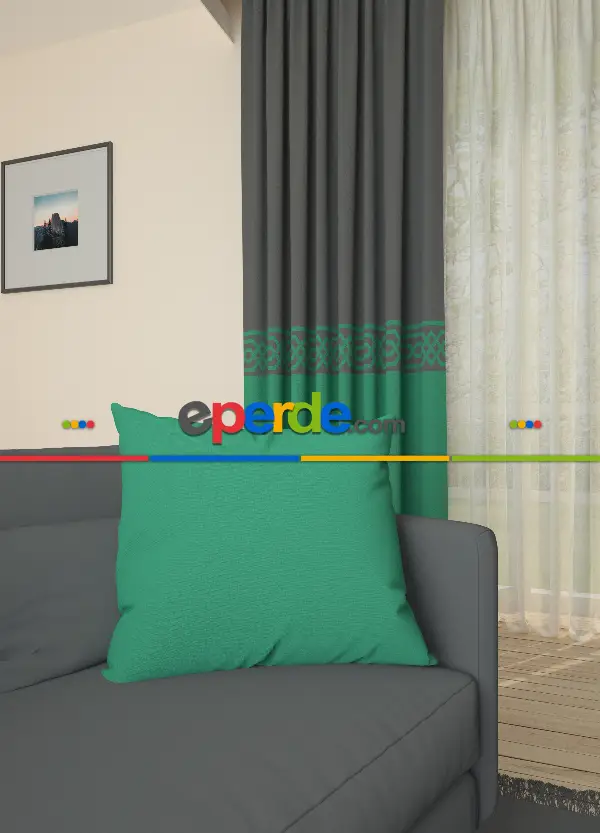 Dökümlü Kumaştan Gri Yeşil Bordürlü Pano Fon Perde 1. Kalite - Salon - Yatak Odası - Oturma Odası