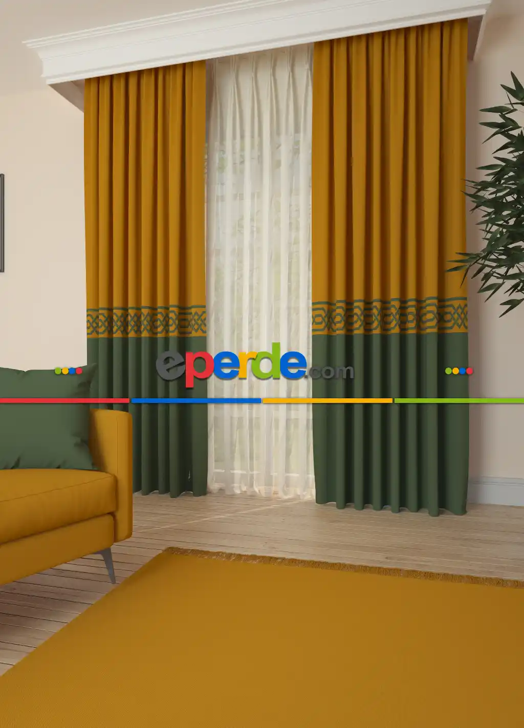 Dökümlü Kumaştan Yeşil Bordürlü Pano Fon Perde 1. Kalite - Salon - Yatak Odası - Oturma Odası