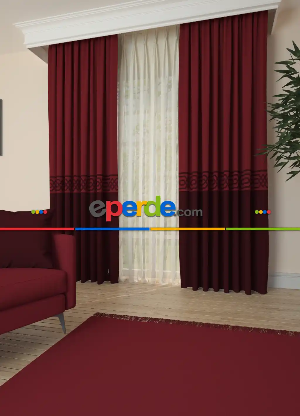 Dökümlü Kumaştan Bordo Bordürlü Pano Fon Perde 1. Kalite - Salon - Yatak Odası - Oturma Odası