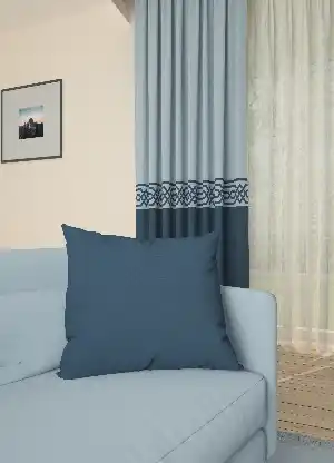 Dökümlü Kumaştan Açık Mavi Lacivert Bordürlü Pano Fon Perde 1. Kalite - Salon - Yatak Odası - Oturma Odası