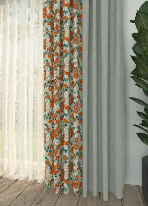 Dökümlü Kumaştan Açık Gri Nar Çiçeği Çiçek Desenli Kombinli Baskılı Fon Perde Geniş En 1. Kalite