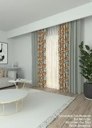 Dökümlü Kumaştan Açık Gri Nar Çiçeği Çiçek Desenli Kombinli Baskılı Fon Perde Geniş En 1. Kalite