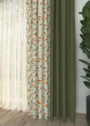 Dökümlü Kumaştan Haki Çiçek Desenli Baskılı Fon Perde Geniş En Kombinli 1. Kalite