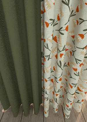 Dökümlü Kumaştan Haki Çiçek Desenli Baskılı Fon Perde Geniş En Kombinli 1. Kalite