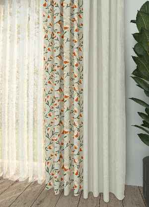 Dökümlü Kumaştan Açık Bej Turuncu Çiçek Desenli Baskılı Fon Perde Geniş En Kombinli 1. Kalite