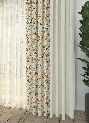 Dökümlü Kumaştan Açık Bej Turuncu Çiçek Desenli Baskılı Fon Perde Geniş En Kombinli 1. Kalite