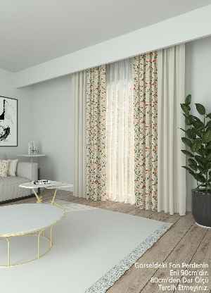 Dökümlü Kumaştan Açık Bej Turuncu Çiçek Desenli Baskılı Fon Perde Geniş En Kombinli 1. Kalite