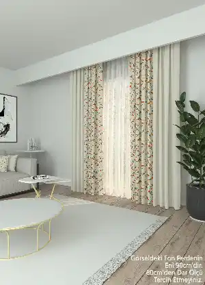Dökümlü Kumaştan Açık Bej Turuncu Çiçek Desenli Baskılı Fon Perde Geniş En Kombinli 1. Kalite