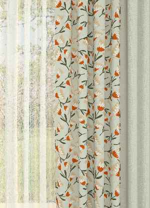 Dökümlü Kumaştan Açık Bej Turuncu Çiçek Desenli Baskılı Fon Perde Geniş En Kombinli 1. Kalite