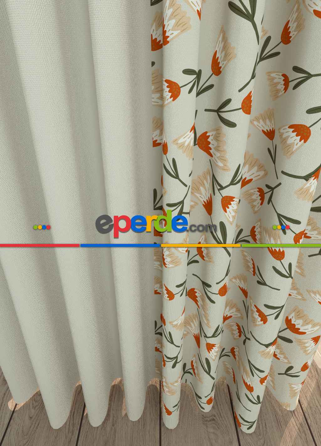 Dökümlü Kumaştan Açık Bej Turuncu Çiçek Desenli Baskılı Fon Perde Geniş En Kombinli 1. Kalite