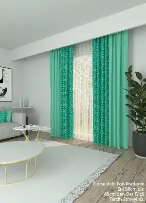 Dökümlü Kumaştan Geometrik Etnik Desenli Mint Yeşil Kombinli Geniş En Fon Perde 1. Kalite