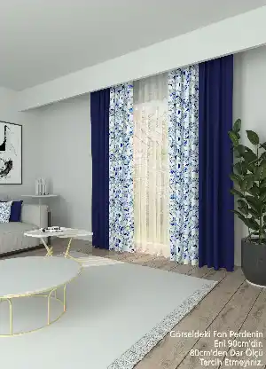 Dökümlü Kumaştan Çiçek Desenli Lacivert Kombinli Baskılı Fon Perde 1. Kalite